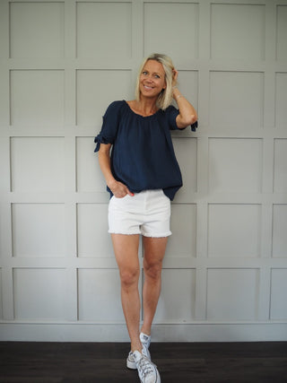 Denim Shorts with Frayed Hem - Off White