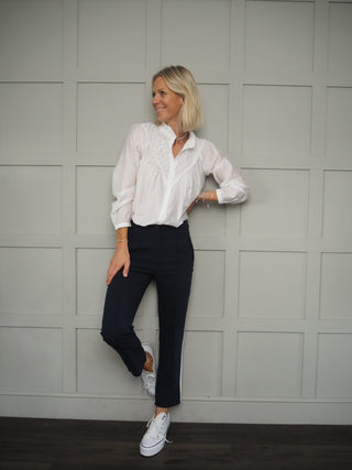 Vanna Cropped Trousers - Navy with White Grosgrain Ribbon Stripe