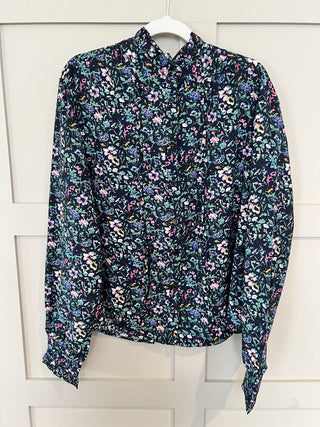 Veronica Floral Blouse with Ruffle Detail - Navy Blue