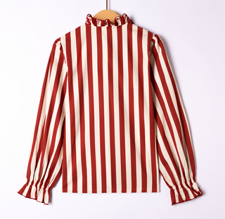 Westminster Stripe Blouse with Scalloped Detailed  - Khaki, Red