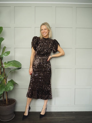 BeeBee Sequin Midi Dress - High Neck with Puff/Capped Sleeves &amp; Pleating Detail - Bronze/Black