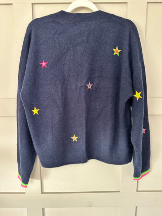 Cashmere Cardigan by Brodie - Navy Blue with Neon Star Embroidery