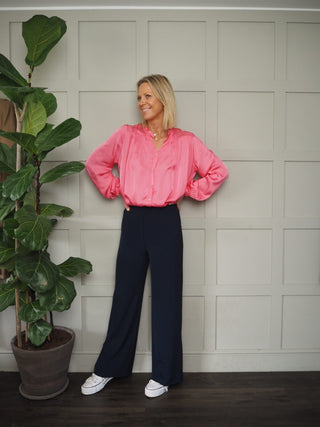 Silk Mix Long Sleeved Blouse with Button Fastenings and Frill Detail - Black