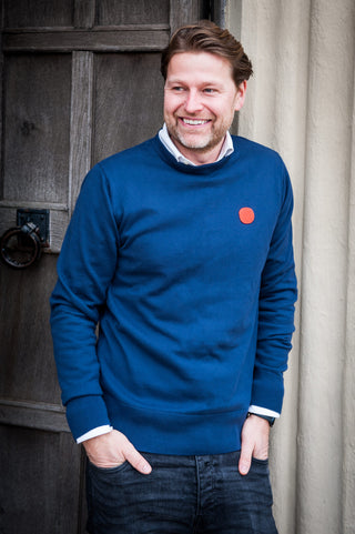 Men's Aino Dot Round Neck Cotton Jumper - Navy Blue with Logo