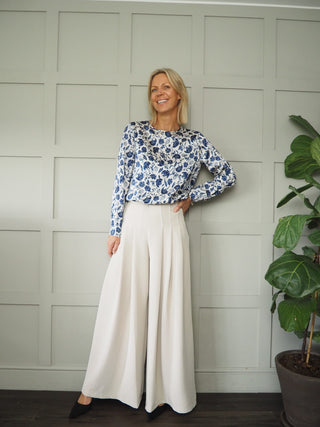 Clavier Long Sleeve Silk Feel Blouse by Emme - Midnight Blue, Red