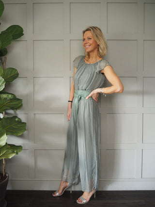Purdie Silk Mix Playsuit with Elasticated ‘On/Off Shoulder’ Neckline, Frill Capped Sleeve, Lined - Light Khaki Green
