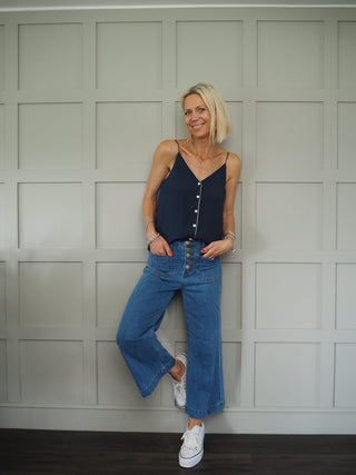 Pops Camisole Button Front with Gold Piping - Navy Blue