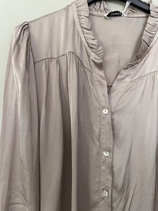 Silk Mix Long Sleeved Blouse with Button Fastenings and Frill Detail - Black