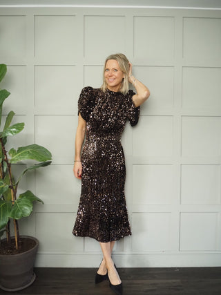 BeeBee Sequin Midi Dress - High Neck with Puff/Capped Sleeves &amp; Pleating Detail - Bronze/Black