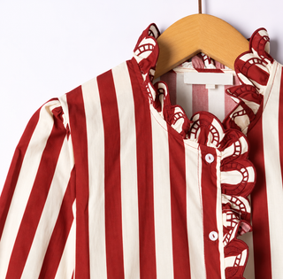 Westminster Stripe Blouse with Scalloped Detailed  - Khaki, Red