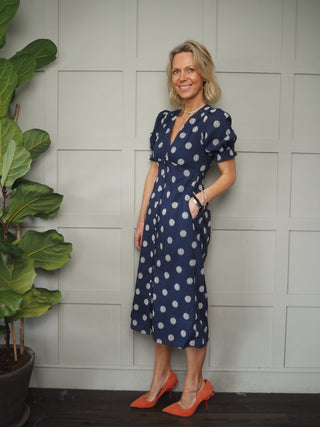 Gabrielle Cotton Midi Dress with Embroidered Detail by Frnch - Navy Blue