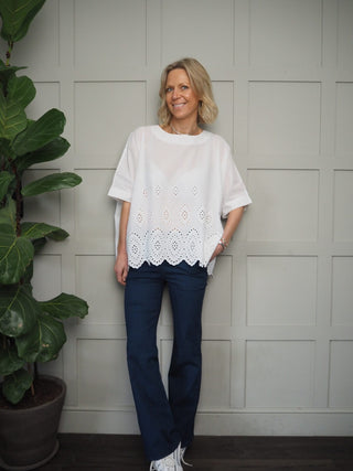 Doris Cotton T-Shirt with Broderie Anglaise Detail - Navy Blue