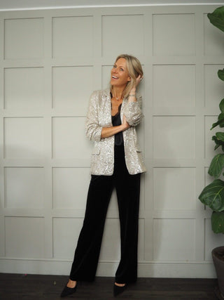 Jolie Sequin Blazer with Lapel and Faux Front Pockets - Black, Green, Silver