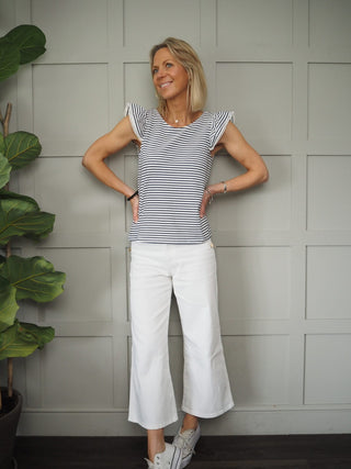 Tiki Striped Cap Sleeves T-Shirt - Red/Off White