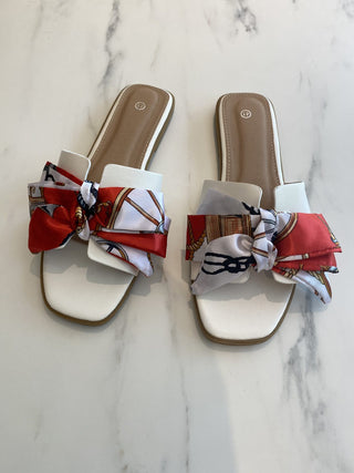Sandals White Faux Leather with Red and White Satin Bow