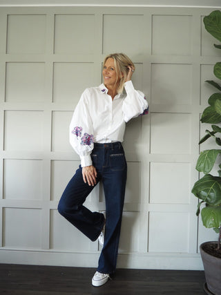 Maxime Long Sleeve Blouse by Pom Amsterdam - Light Blue, White