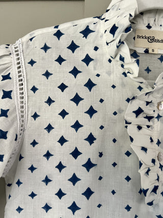 Diamond Long Sleeve Blouse with Ruffle Collar - Off White/Blue