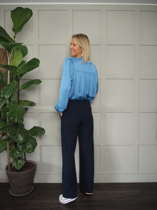 Silk Mix Long Sleeved Blouse with Button Fastenings and Frill Detail - Black