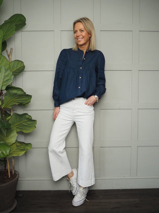 Onado Pleated Round Neck Shirt - Dark Denim