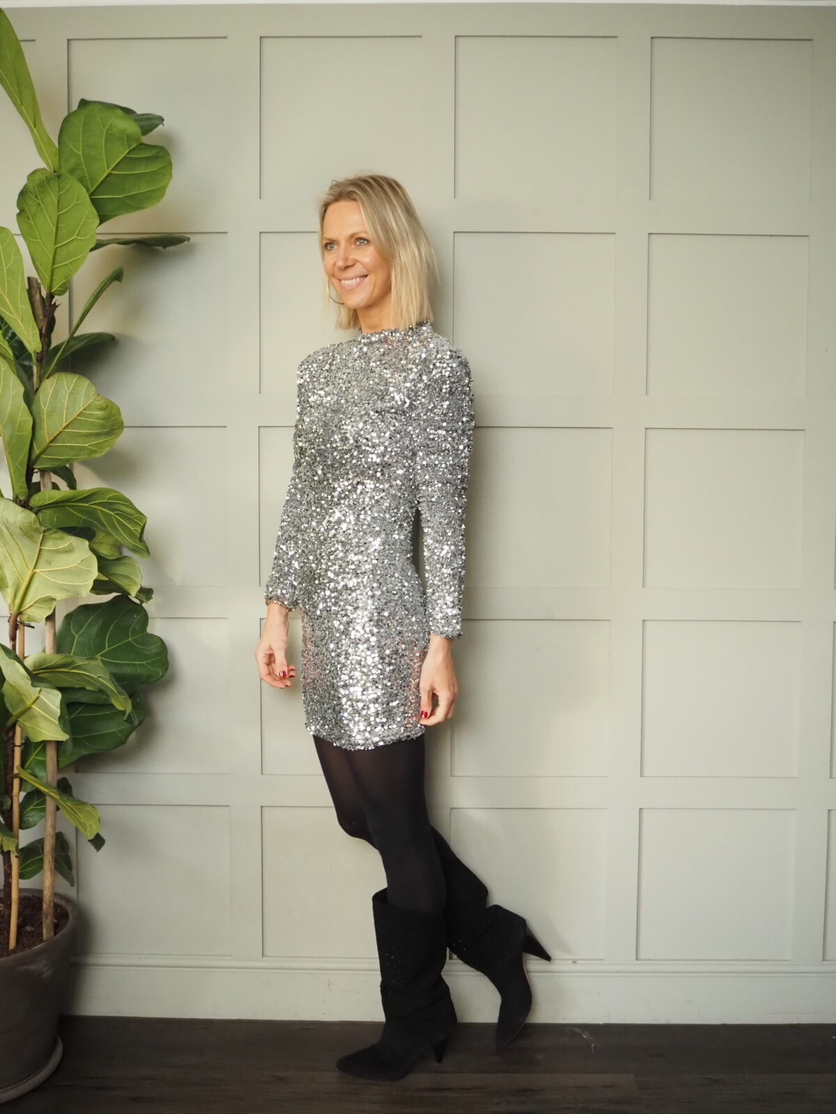 silver sequin dress with black tights Outfit Post: Sequin Holiday