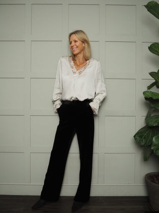 Neava Long Sleeve Lace Trimmed, Satin Feel Top - 11 Colours