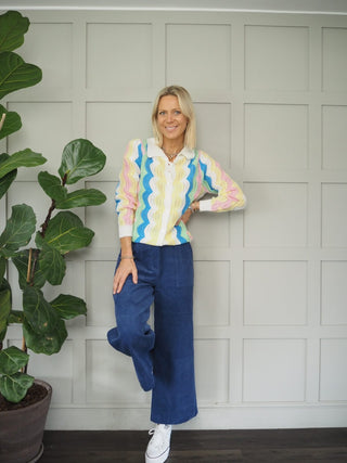 Prunella Corduroy Cropped, Wide Leg, High Waist Trousers by Frnch - Blue