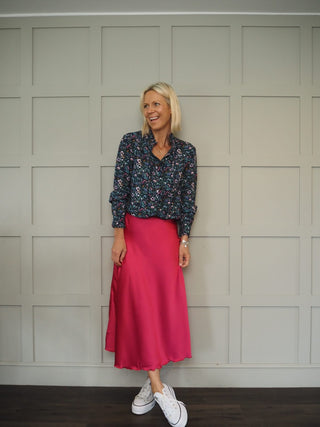 Veronica Floral Blouse with Ruffle Detail - Navy Blue