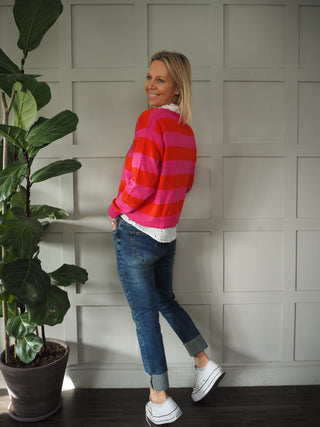 Simi Striped Cardigan with Button Fastenings - Camel/Off White