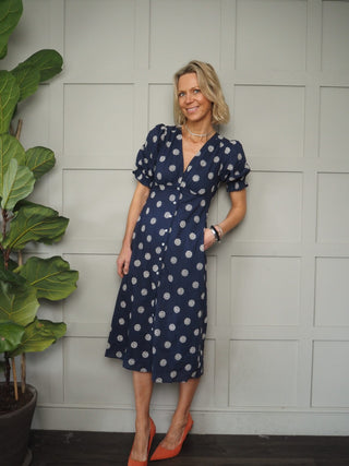 Gabrielle Cotton Midi Dress with Embroidered Detail by Frnch - Navy Blue