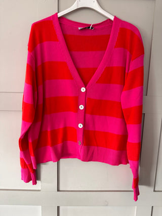 Simi Striped Cardigan with Button Fastenings - Camel/Off White