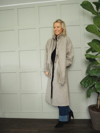 Chjosia Coat, Wool Blend, Lined With High Collar &amp; Detachable Scarf by Moss Copenhagen - Taupe