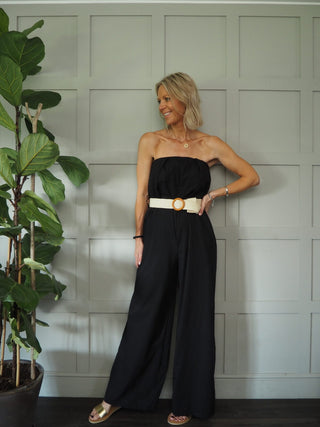 Jillian Strapless Jumpsuit with Elasticated Top, Wide Legged - Black and White