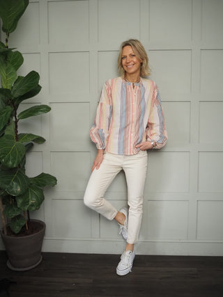 Capucine Cotton Blouse by Frnch - Oatmeal with Multi Coloured Stripes
