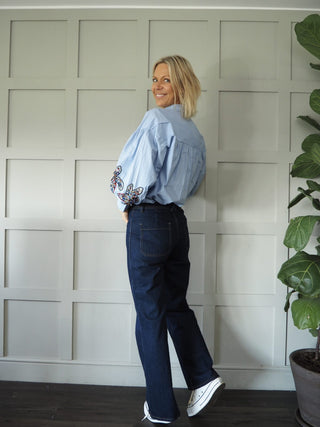 Maxime Long Sleeve Blouse by Pom Amsterdam - Light Blue, White