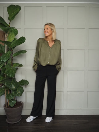 Silk Mix Long Sleeved Blouse with Button Fastenings and Frill Detail - Black