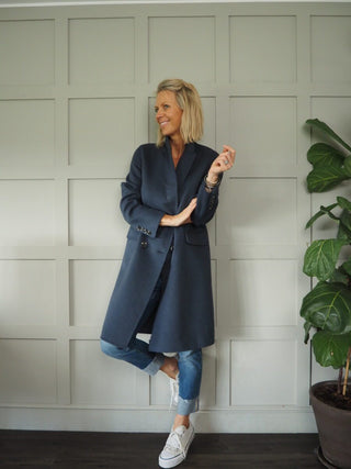 Jenci Double Breasted Handmade Coat, Wool Mix with Lapel Collar, Pockets &amp; Buttoned Cuffs by Rino &amp; Pelle - Night and Stone