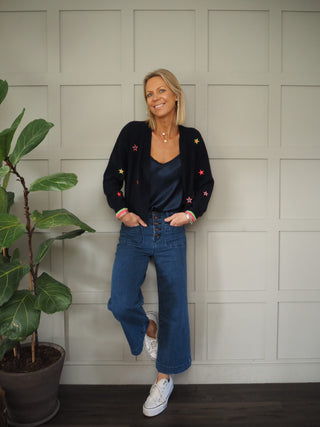 Cashmere Cardigan by Brodie - Navy Blue with Neon Star Embroidery