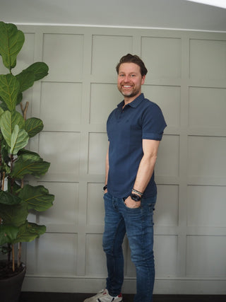 Men’s Sun Short Sleeved Cotton Polo Shirt by Thinking Mu - Navy Blue