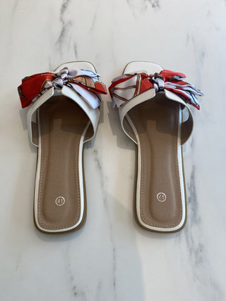 Sandals White Faux Leather with Red and White Satin Bow