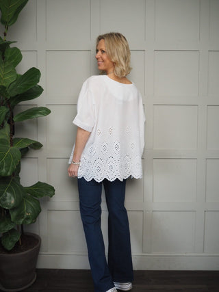 Doris Cotton T-Shirt with Broderie Anglaise Detail - White