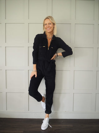 Reve Long Sleeved Corduroy Jumpsuit with Front Zipper Fastening &amp; Chest Pockets - Navy