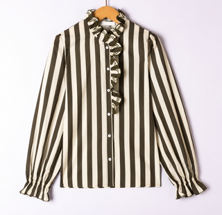 Westminster Stripe Blouse with Scalloped Detailed  - Khaki, Red