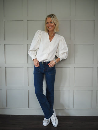 Pops V-Neck Blouse with Balloon Sleeves - Off White