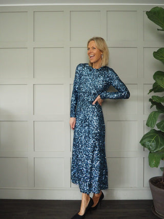 Havana Sequin Dress with Open Back and Tie Detail by Ottod'Ame - Blue