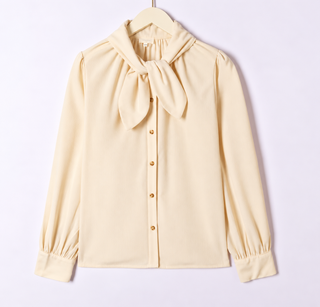 Evana Needlecord Blouse with Tie Collar Detail - Ecru, Khaki