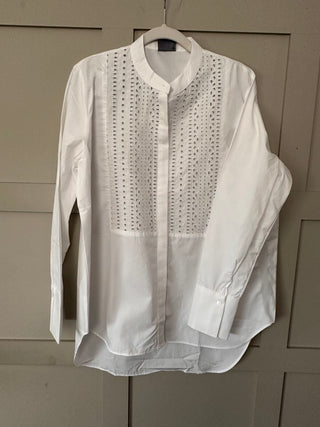 Aggie Cotton Blouse with Broderie Anglaise Detail - Navy Blue