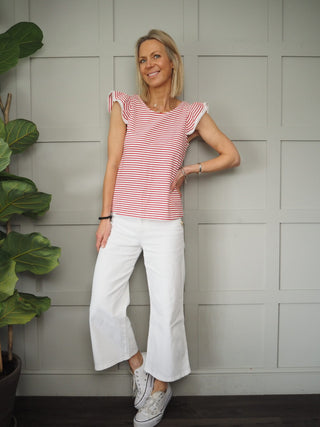 Tiki Striped Cap Sleeves T-Shirt - Red/Off White