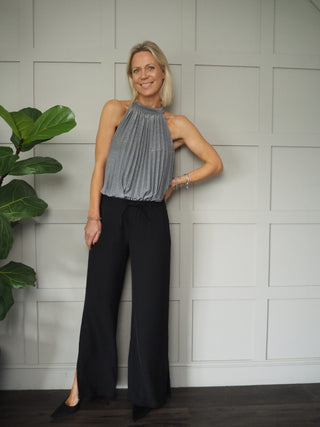 Gertie Wide Leg Trousers - Black with Silver Stripe