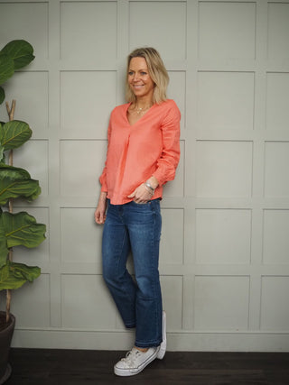 Pandy V Neck Long Sleeved Linen Blouse - Coral