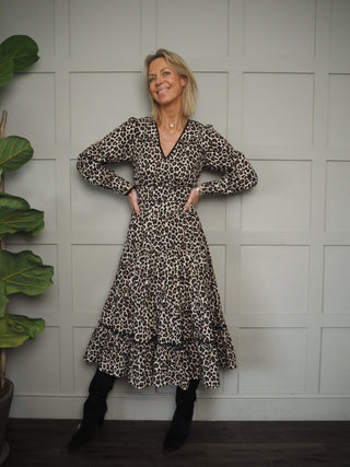 Caz V-Neck, Long Sleeved Dress with Tiered Skirt - Leopard Print